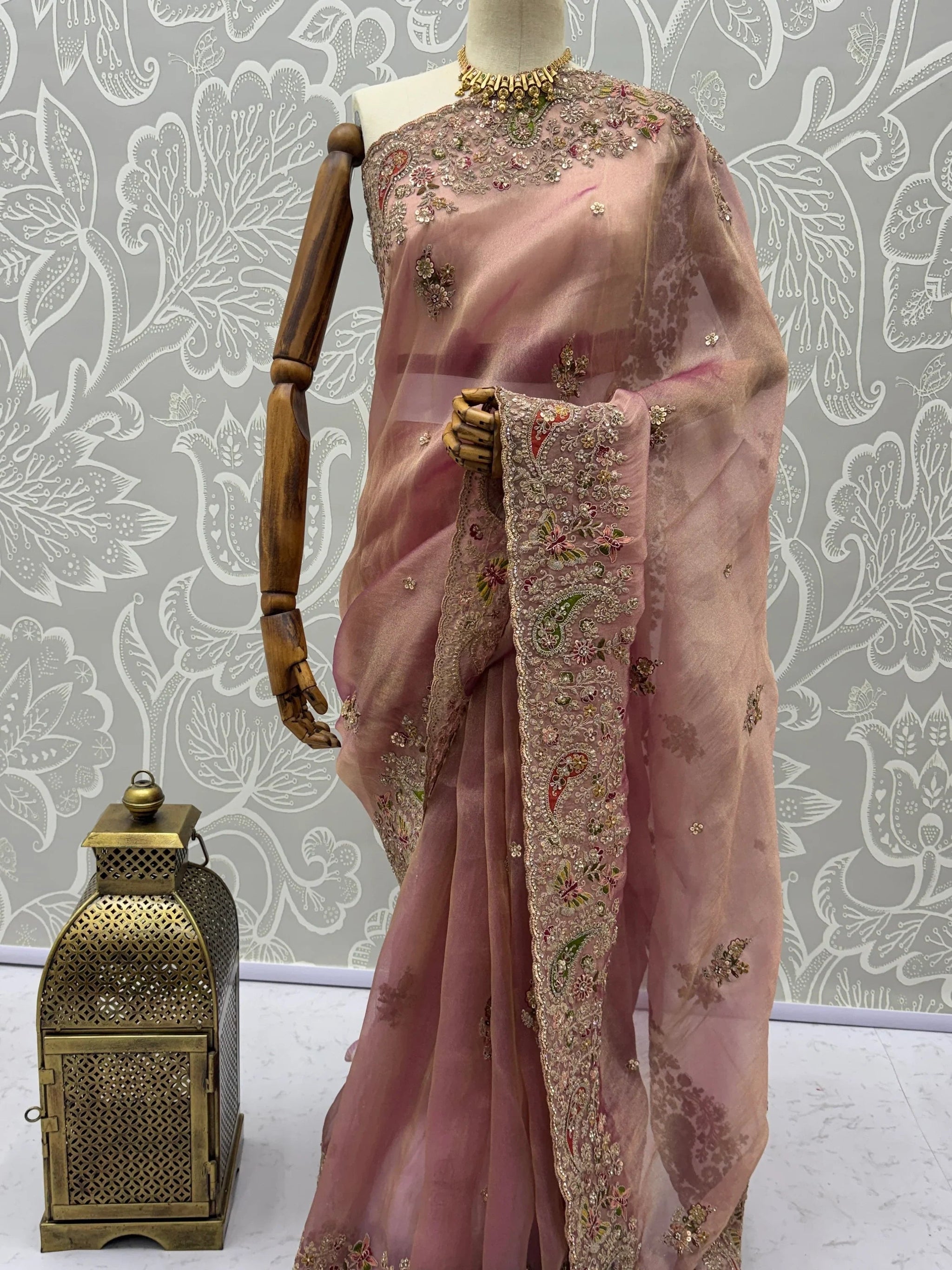 Marvelous Peach Diamond Work Silk Designer Saree With Blouse