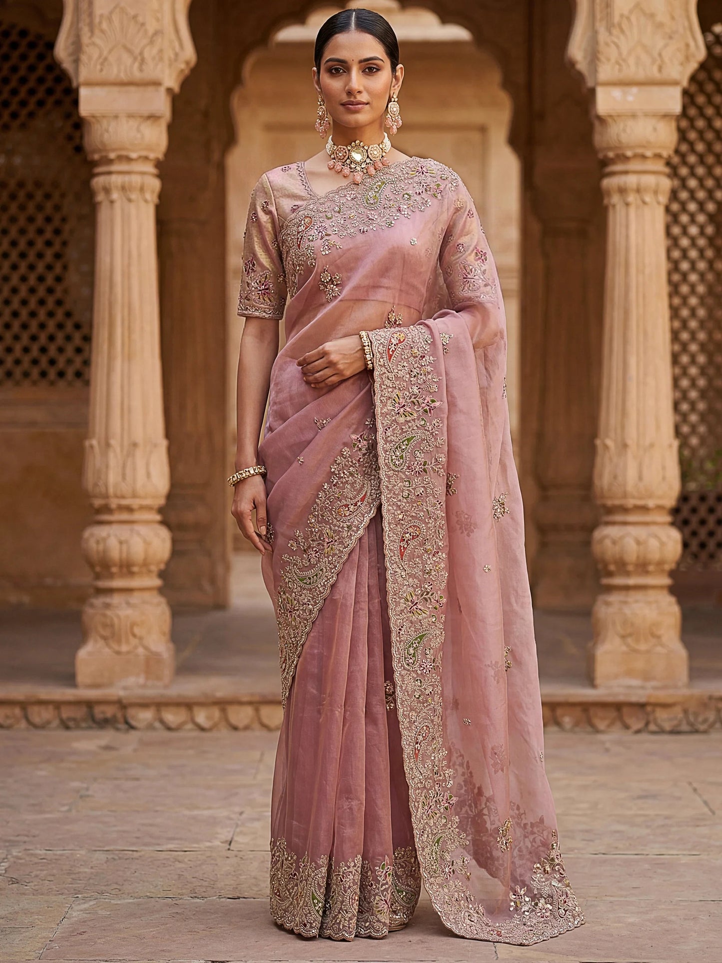 Marvelous Peach Diamond Work Silk Designer Saree With Blouse