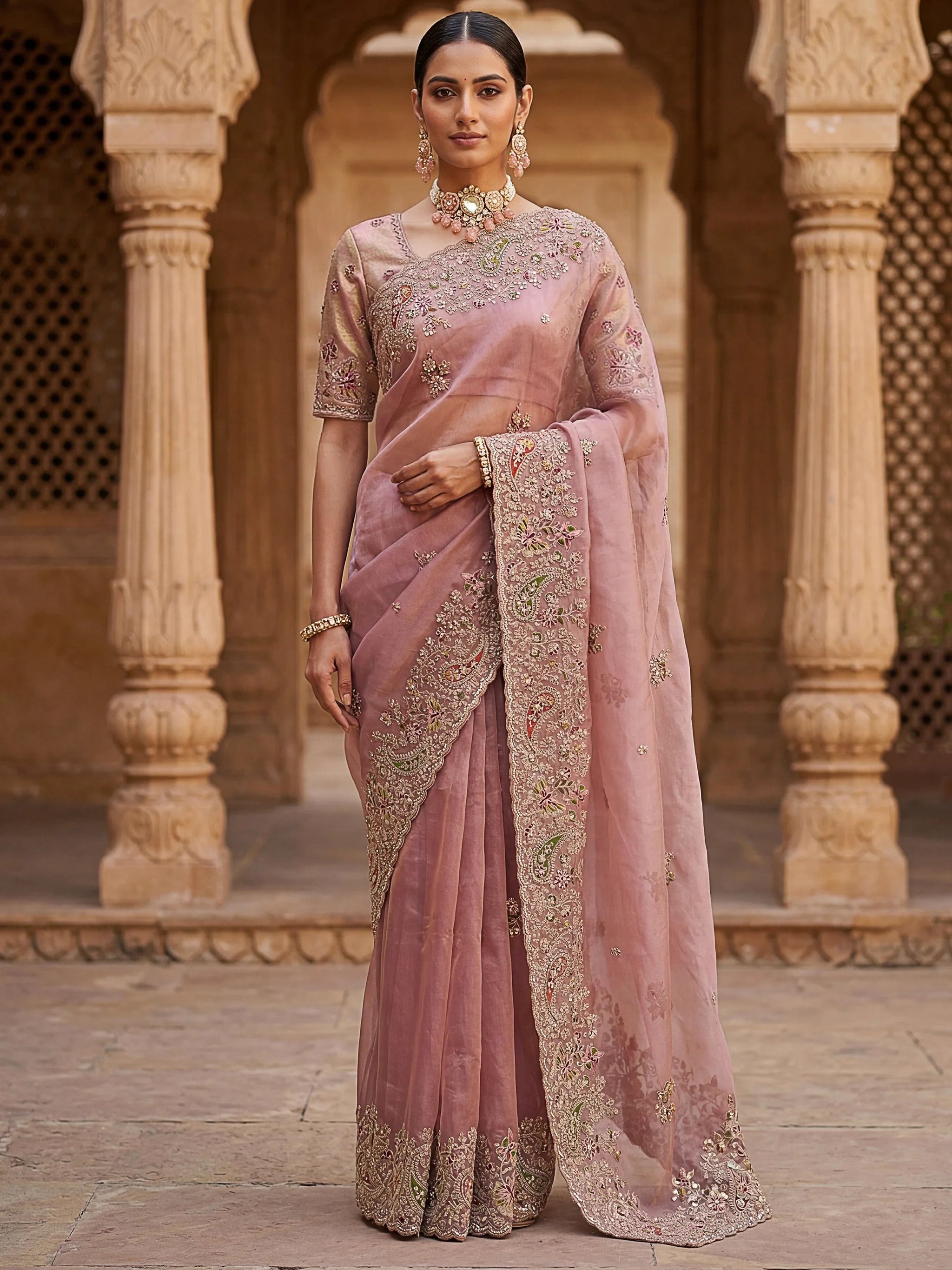 Marvelous Peach Diamond Work Silk Designer Saree With Blouse