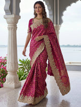 Wonderful Rani Pink Embroidered Silk Wedding Saree With Blouse