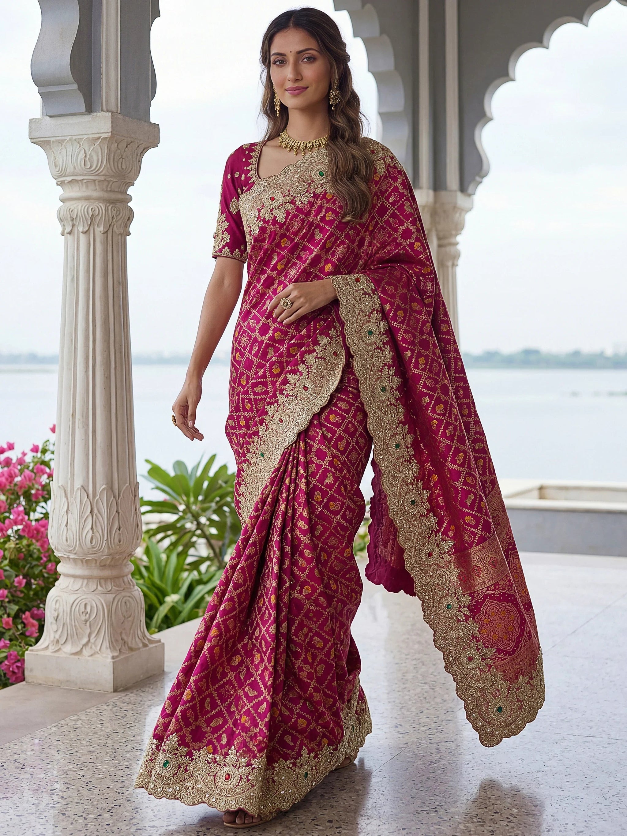 Wonderful Rani Pink Embroidered Silk Wedding Saree With Blouse