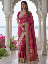 Wonderful Rani Pink Embroidered Silk Wedding Saree With Blouse