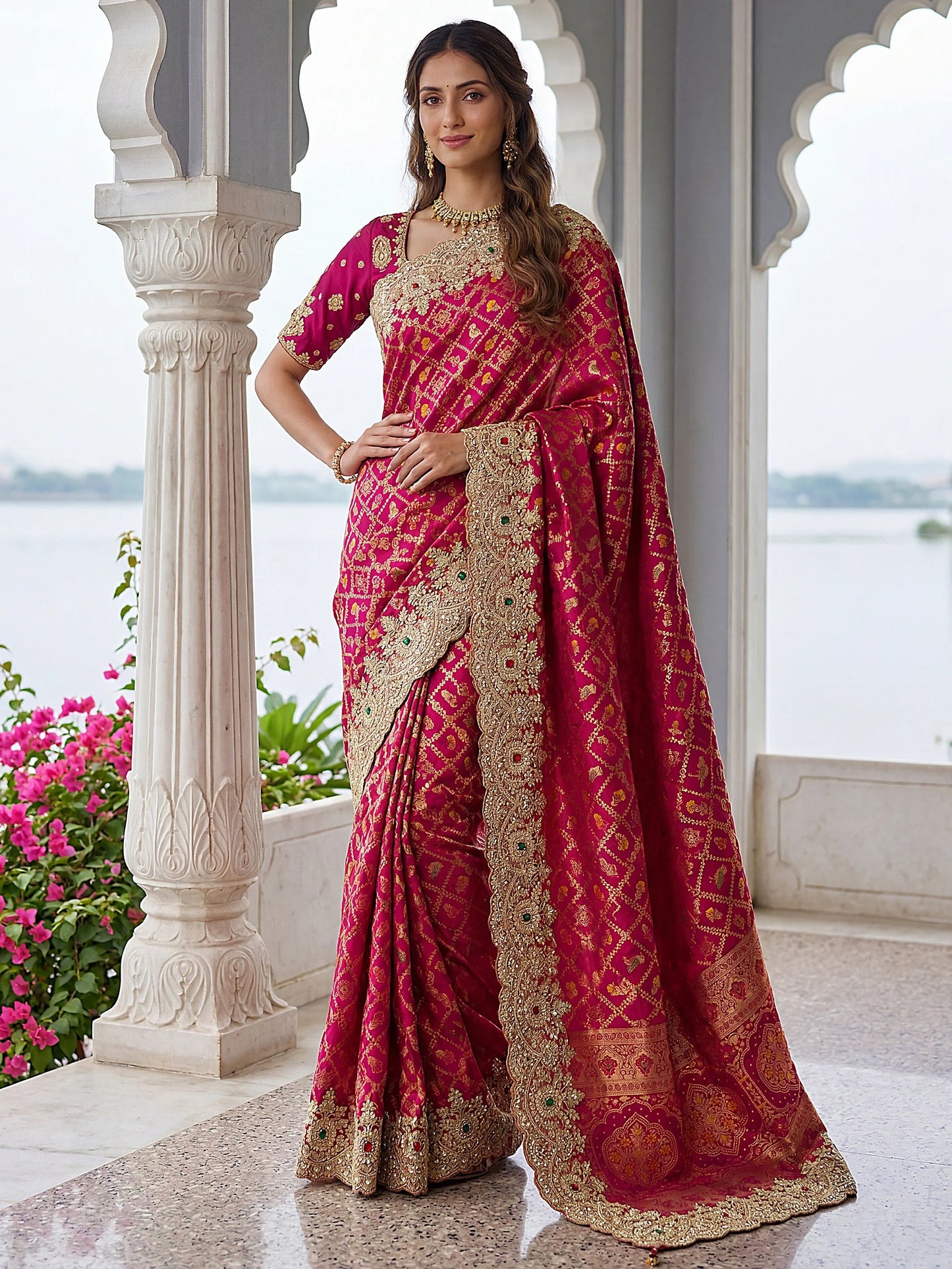 Wonderful Rani Pink Embroidered Silk Wedding Saree With Blouse