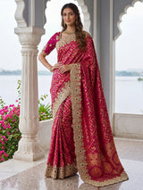 Wonderful Rani Pink Embroidered Silk Wedding Saree With Blouse