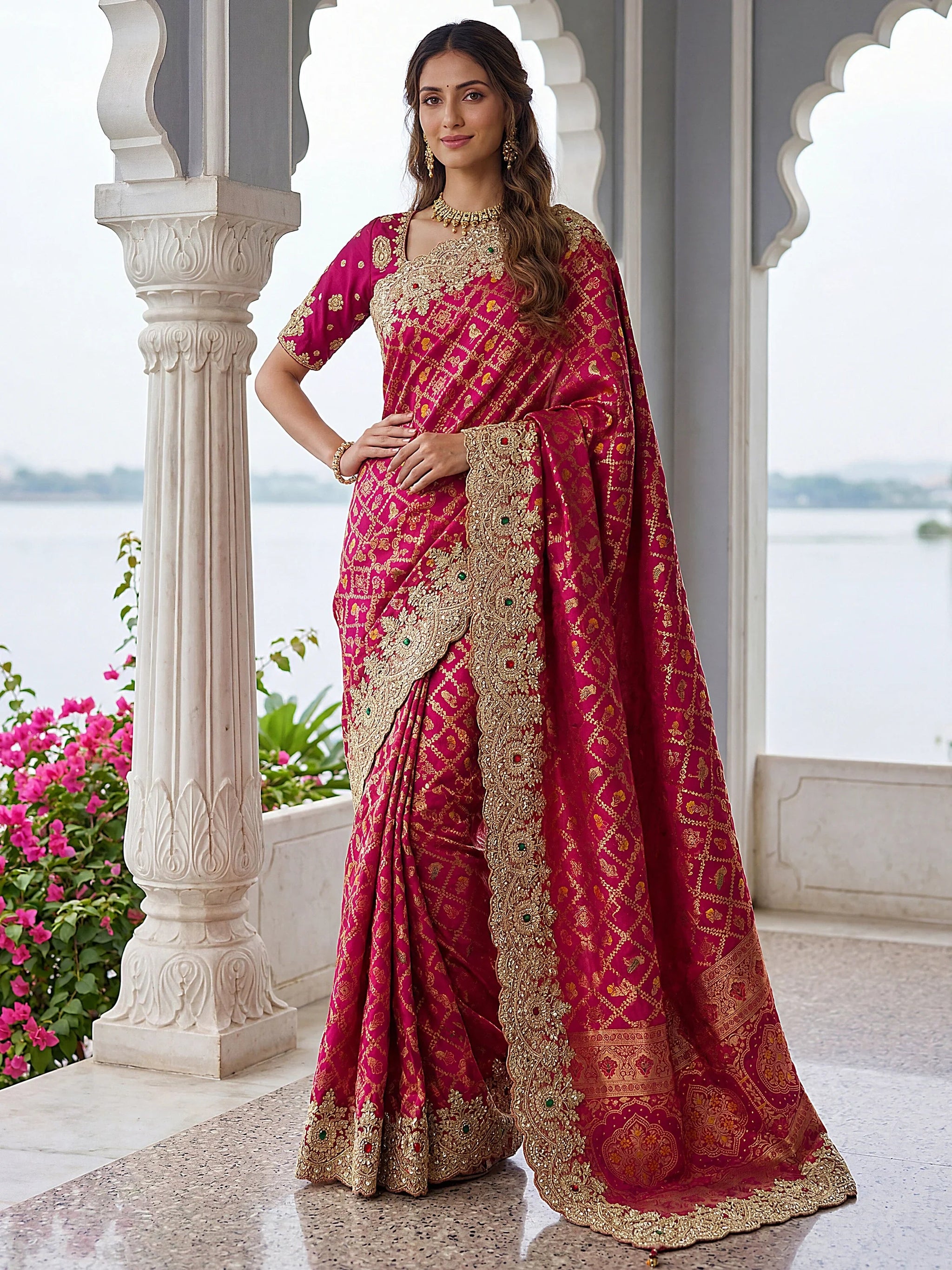 Wonderful Rani Pink Embroidered Silk Wedding Saree With Blouse