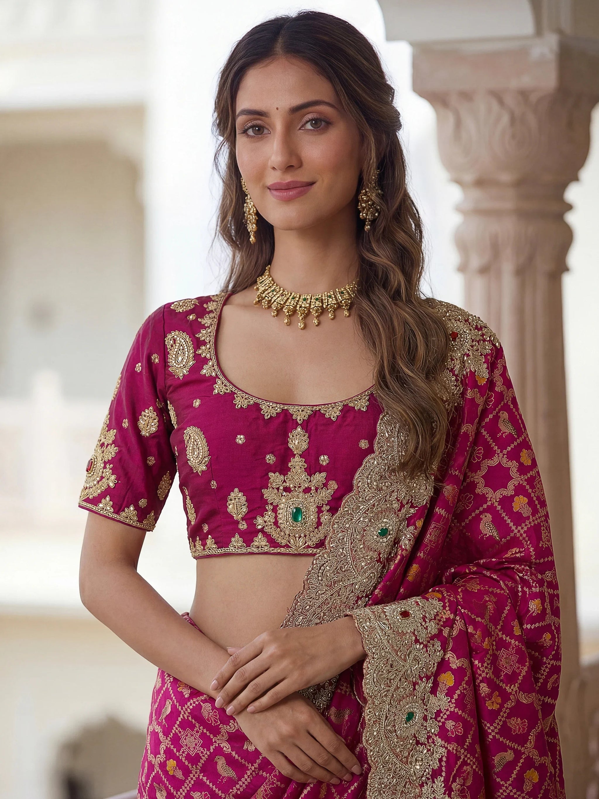 Wonderful Rani Pink Embroidered Silk Wedding Saree With Blouse