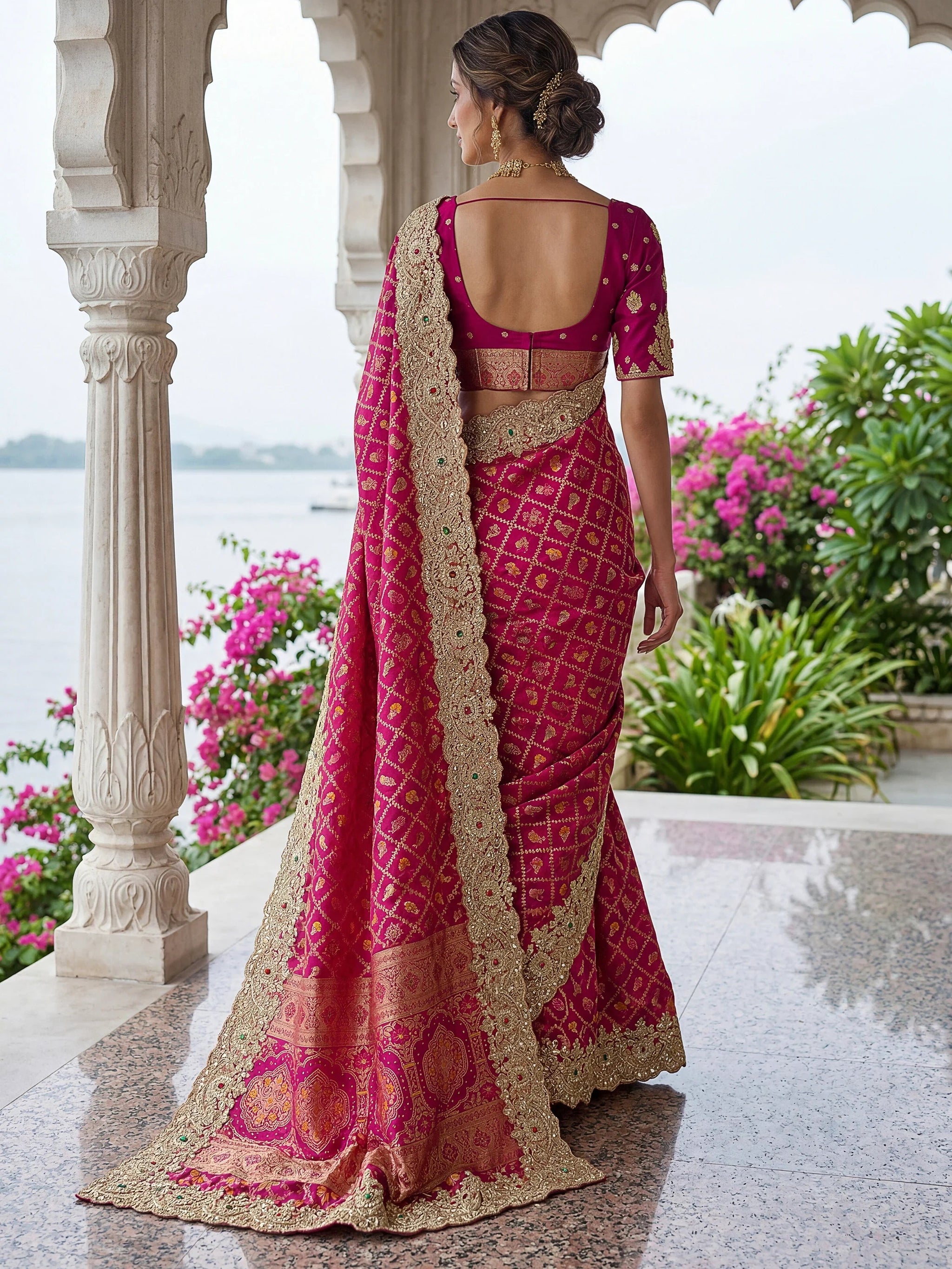 Wonderful Rani Pink Embroidered Silk Wedding Saree With Blouse