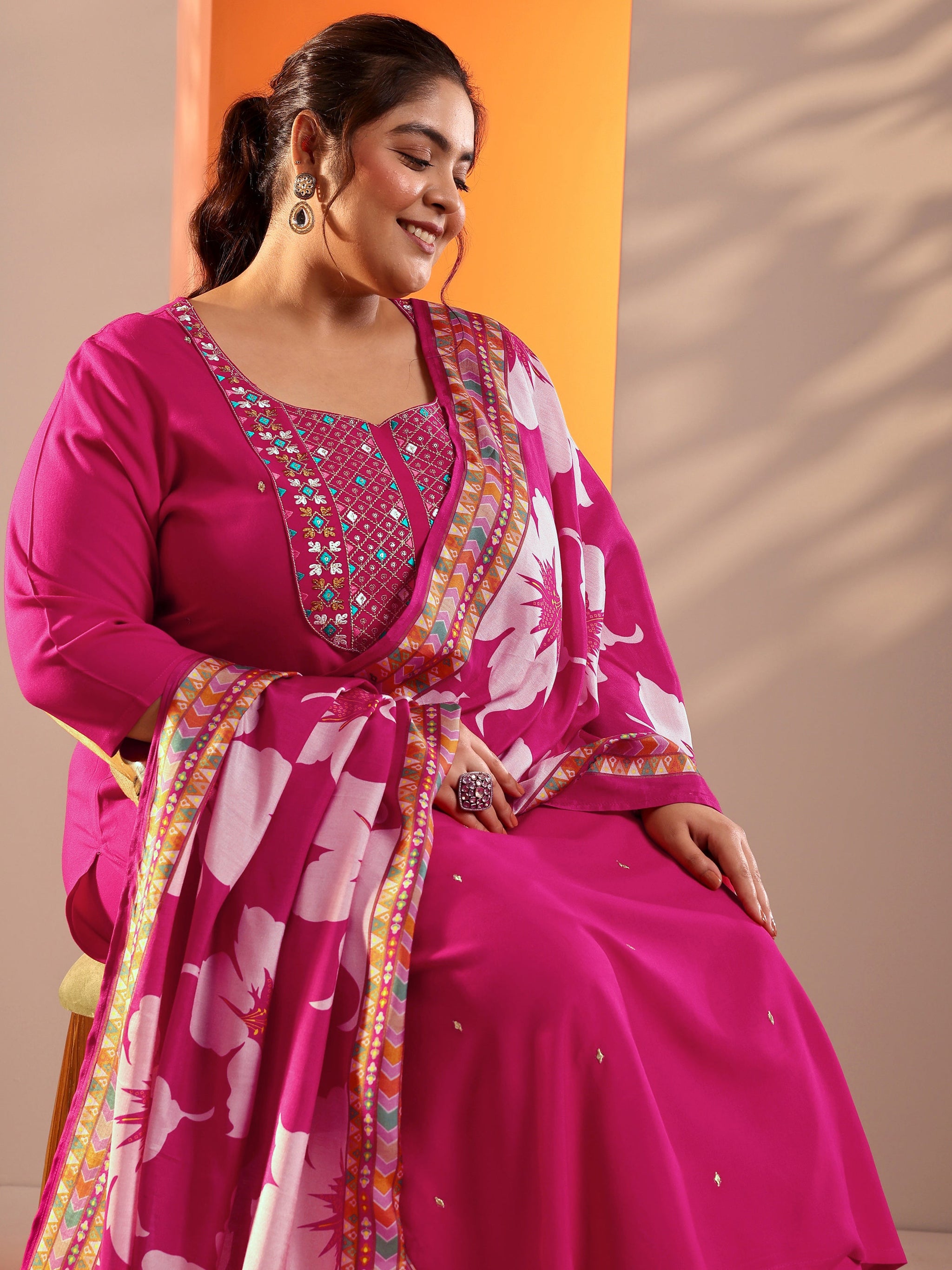 Plus Size Pink Embroidered Viscose Straight Suit Set With Dupatta
