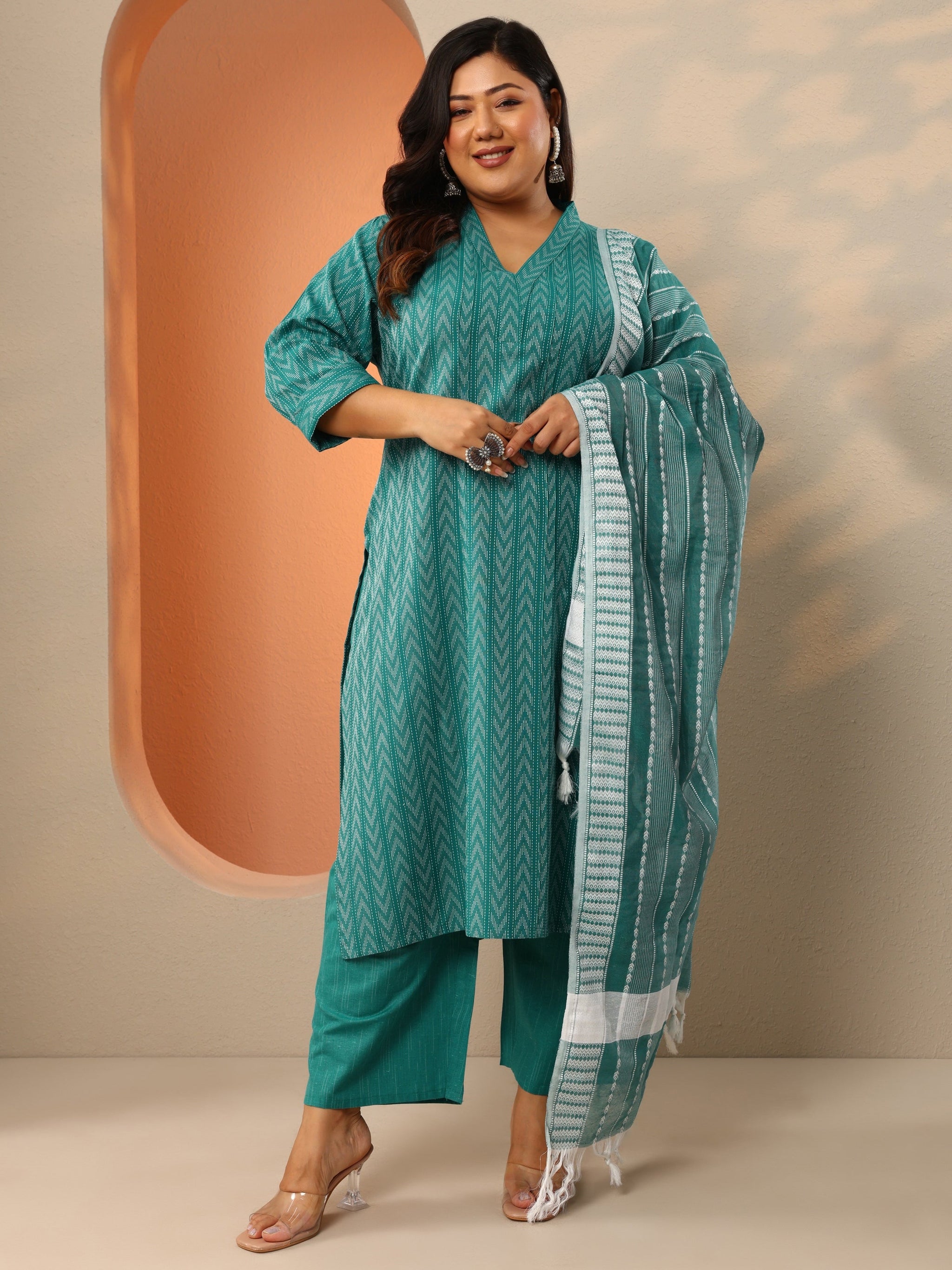 Plus Size Teal Woven Design Cotton Blend Straight Suit Set With Dupatta