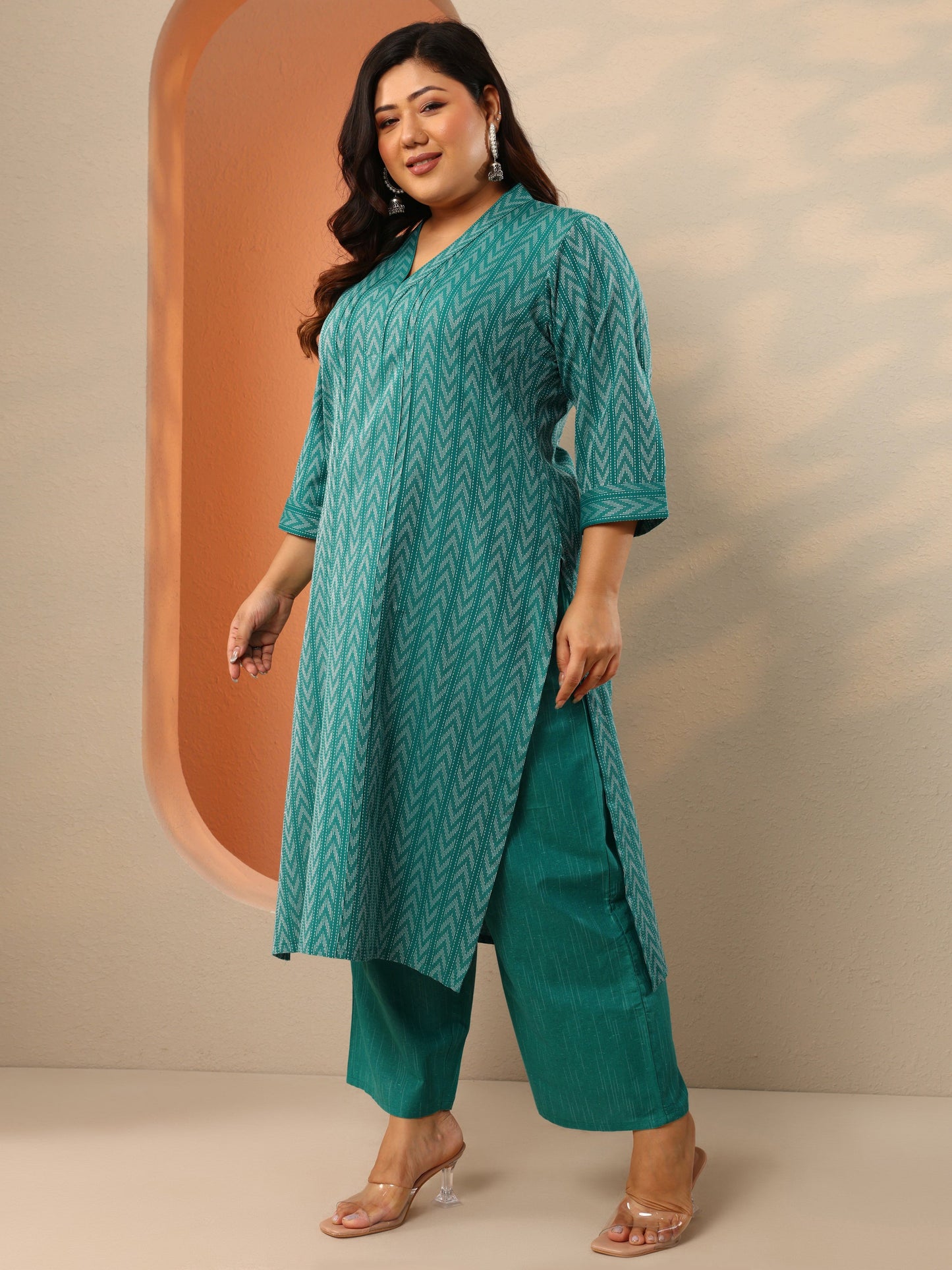 Plus Size Teal Woven Design Cotton Blend Straight Suit Set With Dupatta