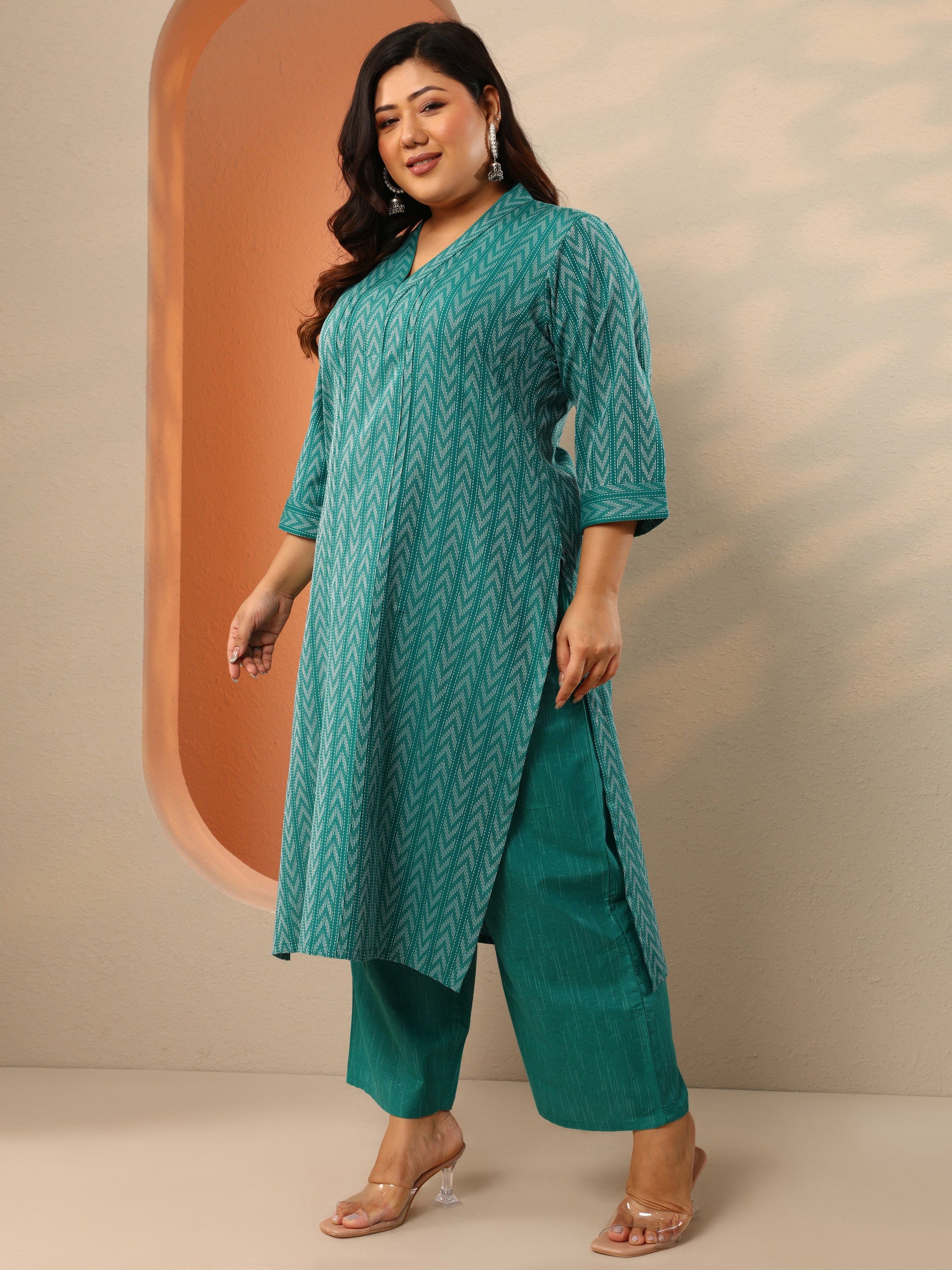Plus Size Teal Woven Design Cotton Blend Straight Suit Set With Dupatta