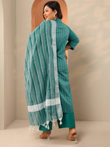 Plus Size Teal Woven Design Cotton Blend Straight Suit Set With Dupatta