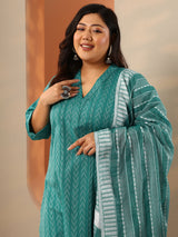 Plus Size Teal Woven Design Cotton Blend Straight Suit Set With Dupatta