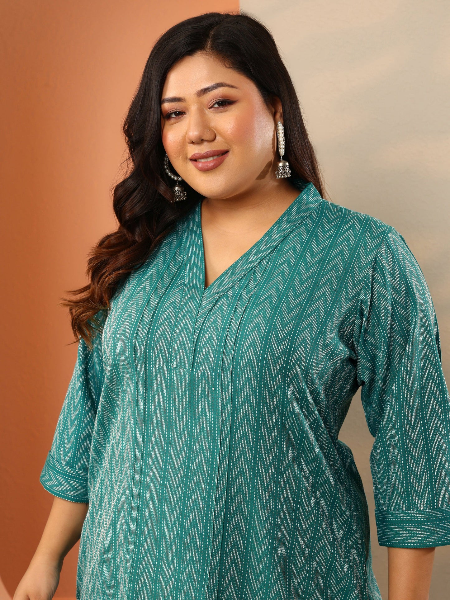Plus Size Teal Woven Design Cotton Blend Straight Suit Set With Dupatta