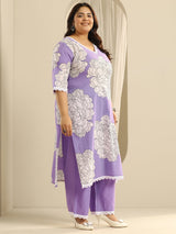 Plus Size Lavender Printed Cotton Straight Suit Set With Dupatta