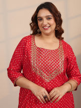 Plus Size Red Printed Silk Blend Straight Suit Set With Dupatta