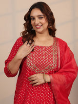 Plus Size Red Printed Silk Blend Straight Suit Set With Dupatta