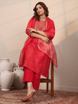 Plus Size Red Printed Silk Blend Straight Suit Set With Dupatta