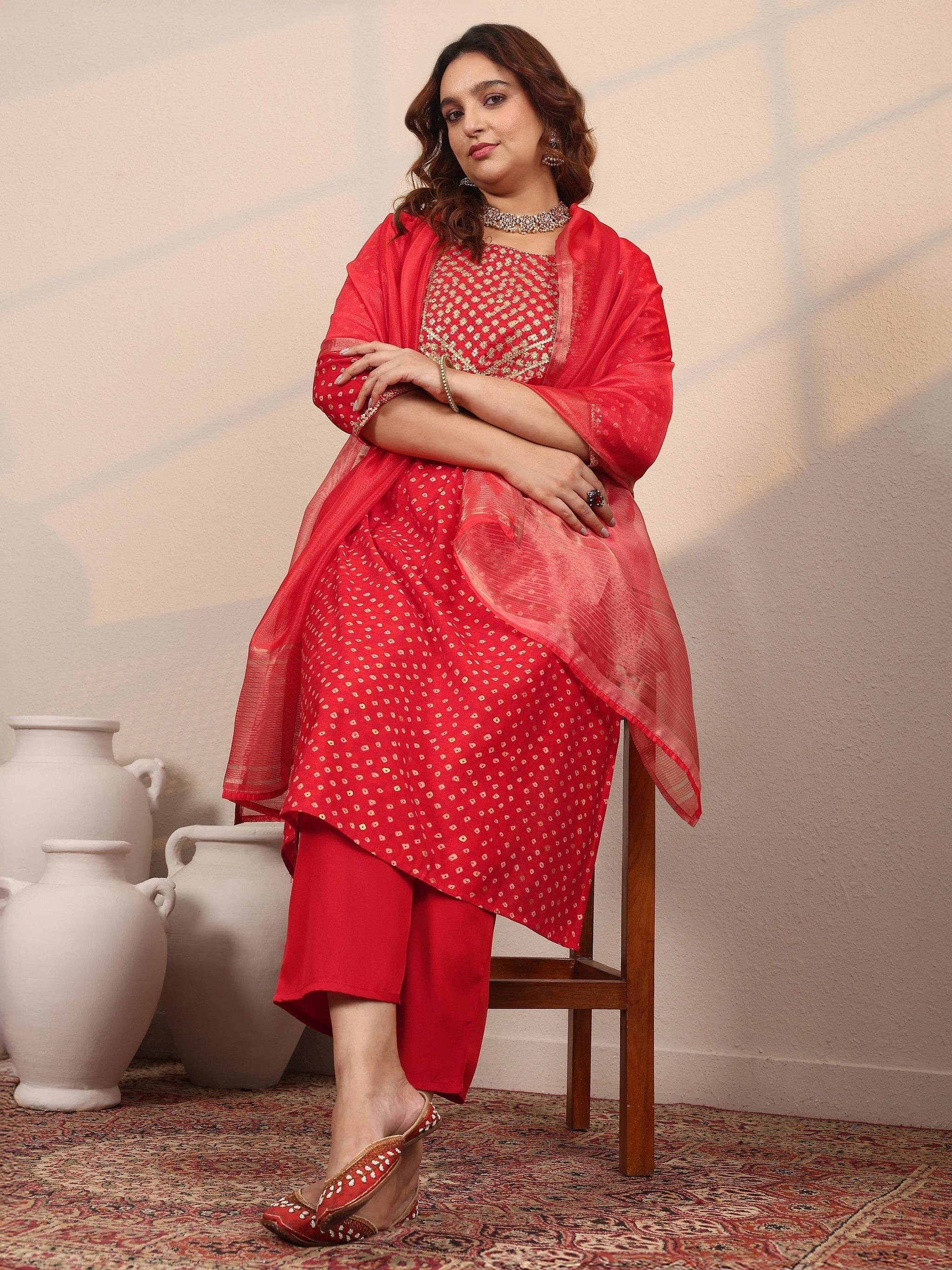 Plus Size Red Printed Silk Blend Straight Suit Set With Dupatta