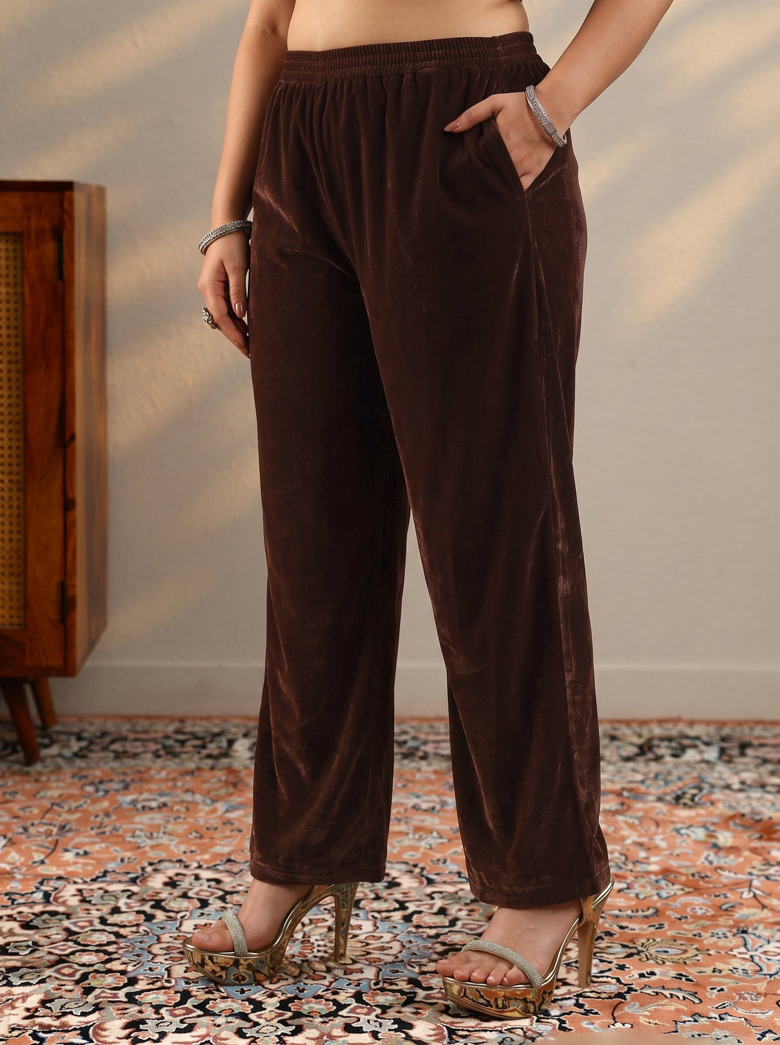 Plus Size Brown Embroidered Velvet A-Line Suit Set With Dupatta