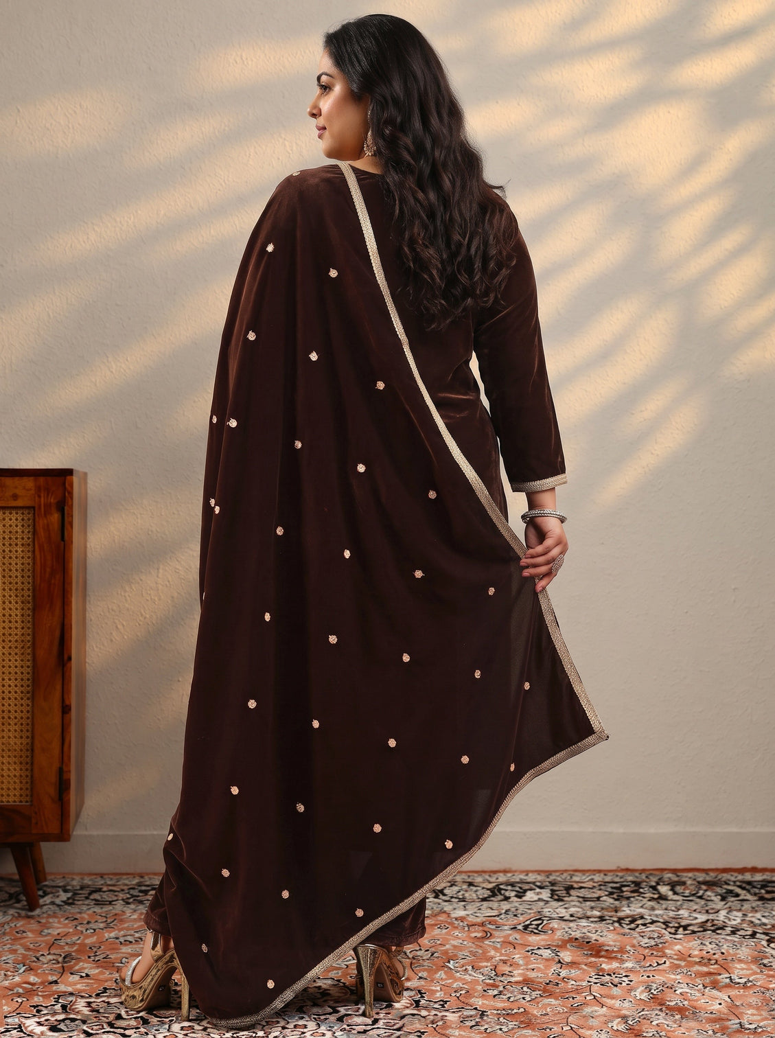 Plus Size Brown Embroidered Velvet A-Line Suit Set With Dupatta