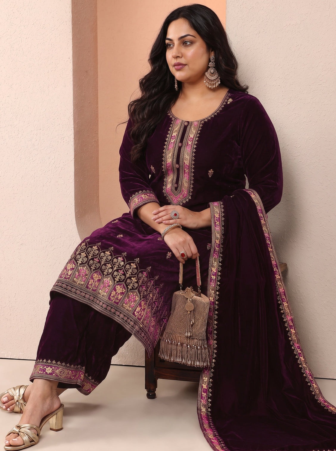 Plus Size Art Burgundy Embroidered Velvet Straight Suit Set With Dupatta