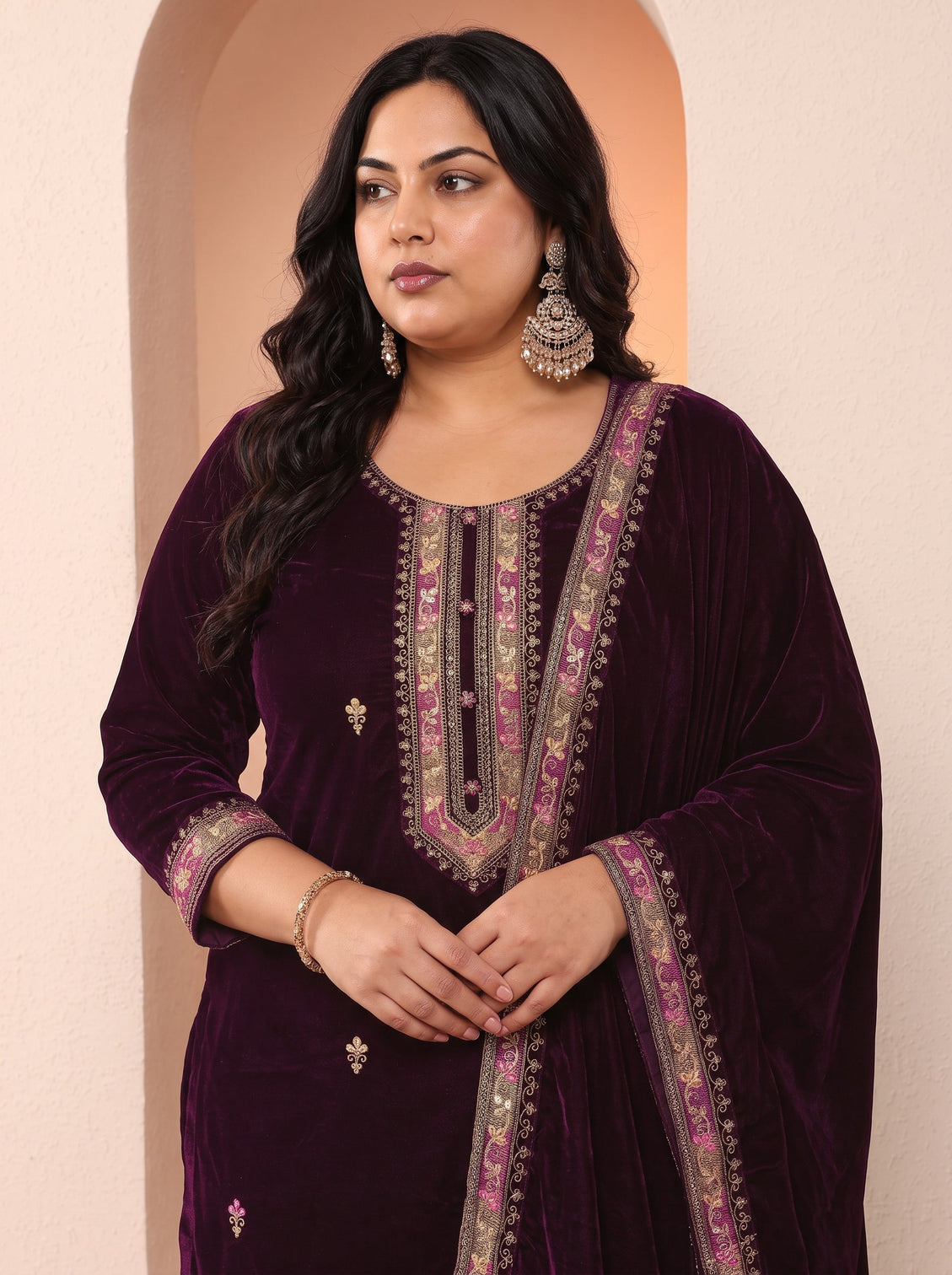 Plus Size Art Burgundy Embroidered Velvet Straight Suit Set With Dupatta
