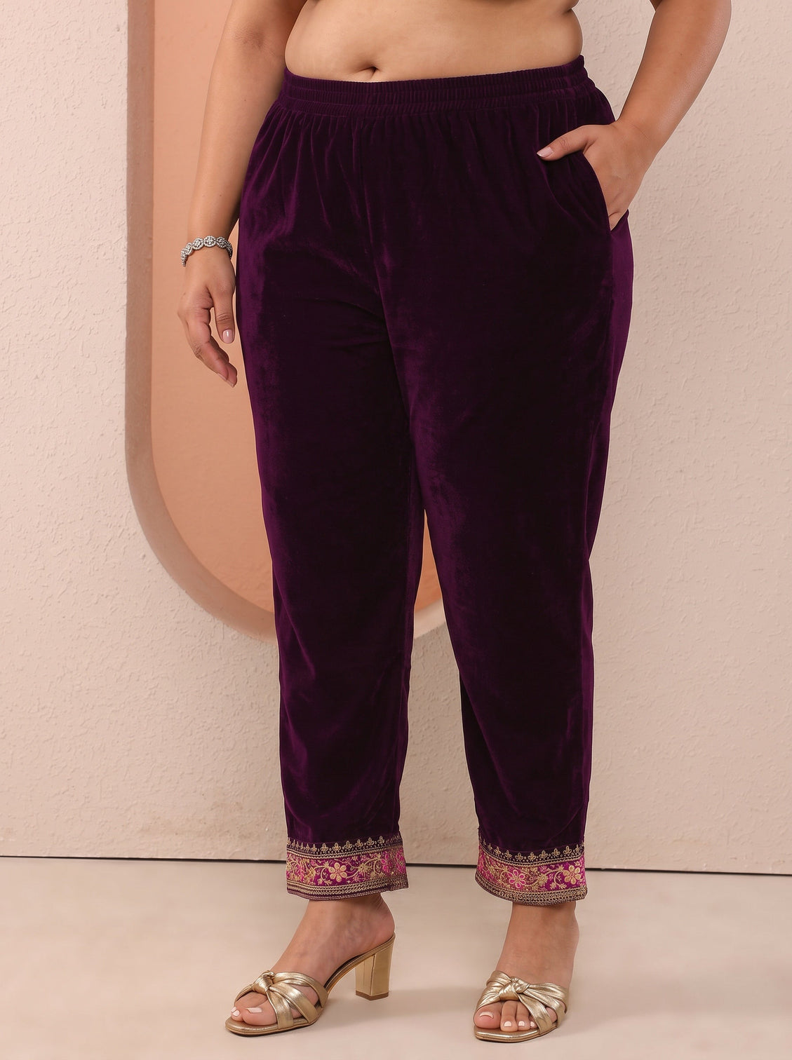 Plus Size Art Burgundy Embroidered Velvet Straight Suit Set With Dupatta