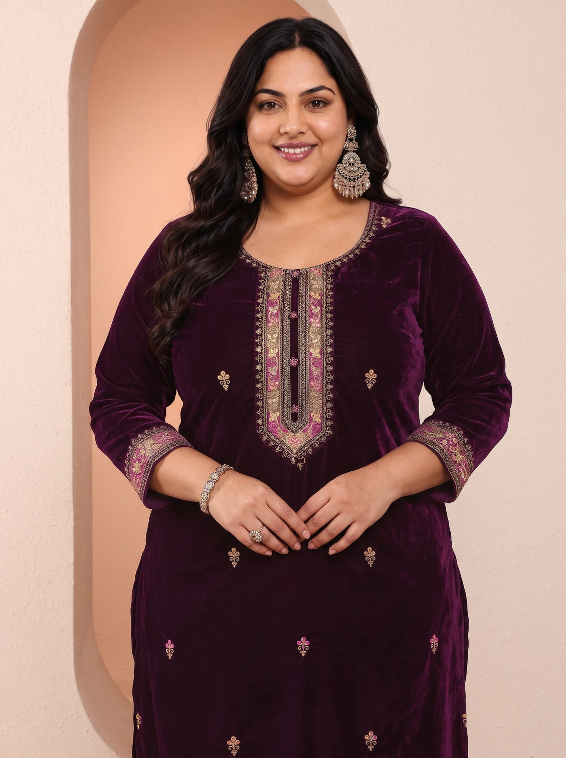 Plus Size Art Burgundy Embroidered Velvet Straight Suit Set With Dupatta