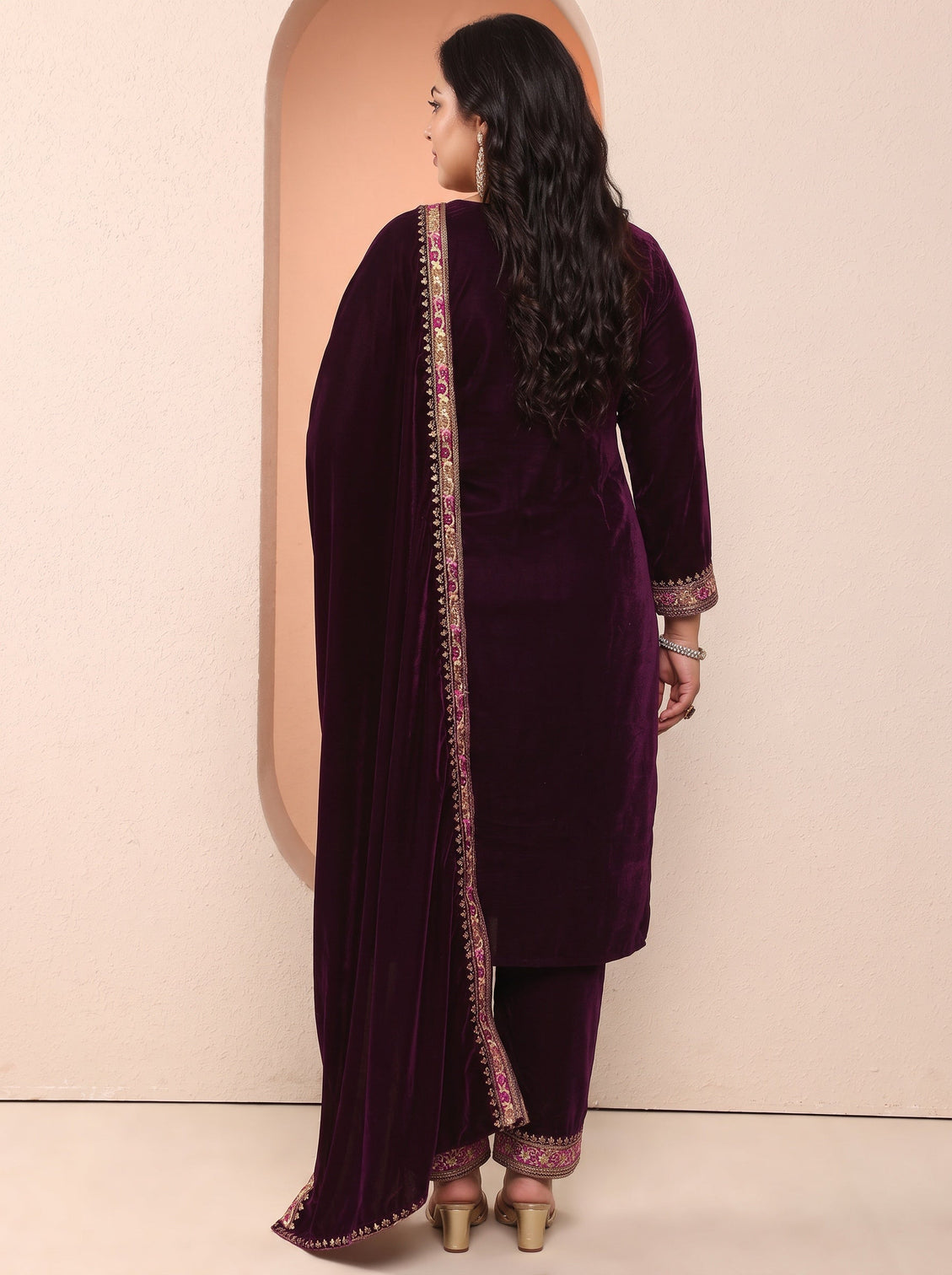 Plus Size Art Burgundy Embroidered Velvet Straight Suit Set With Dupatta