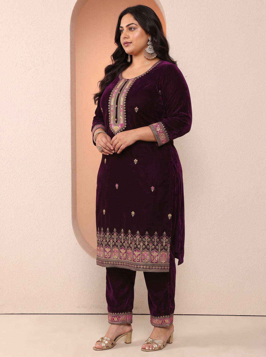 Plus Size Art Burgundy Embroidered Velvet Straight Suit Set With Dupatta