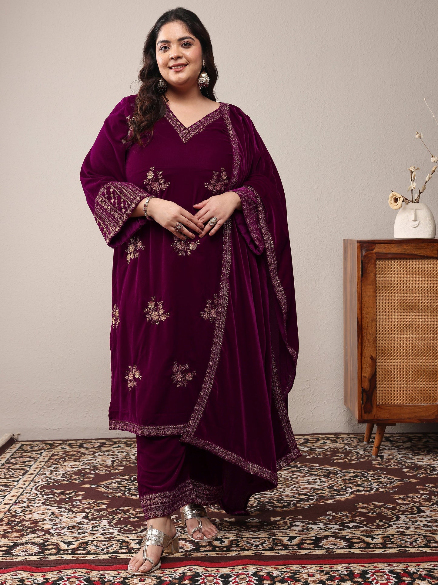 Plus Size Magenta Embroidered Velvet Straight Suit Set With Dupatta
