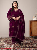 Plus Size Magenta Embroidered Velvet Straight Suit Set With Dupatta