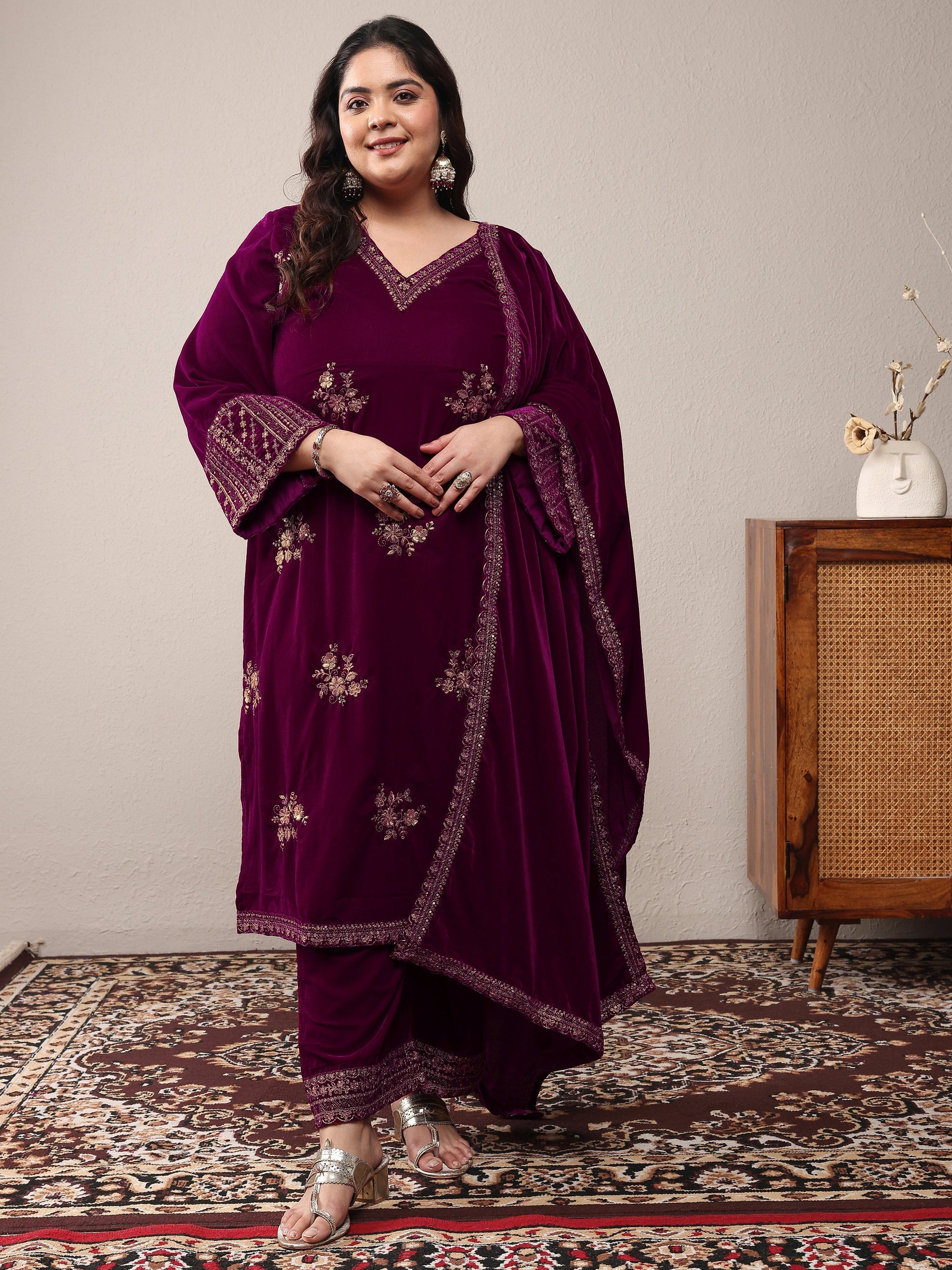 Plus Size Magenta Embroidered Velvet Straight Suit Set With Dupatta
