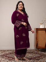 Plus Size Magenta Embroidered Velvet Straight Suit Set With Dupatta