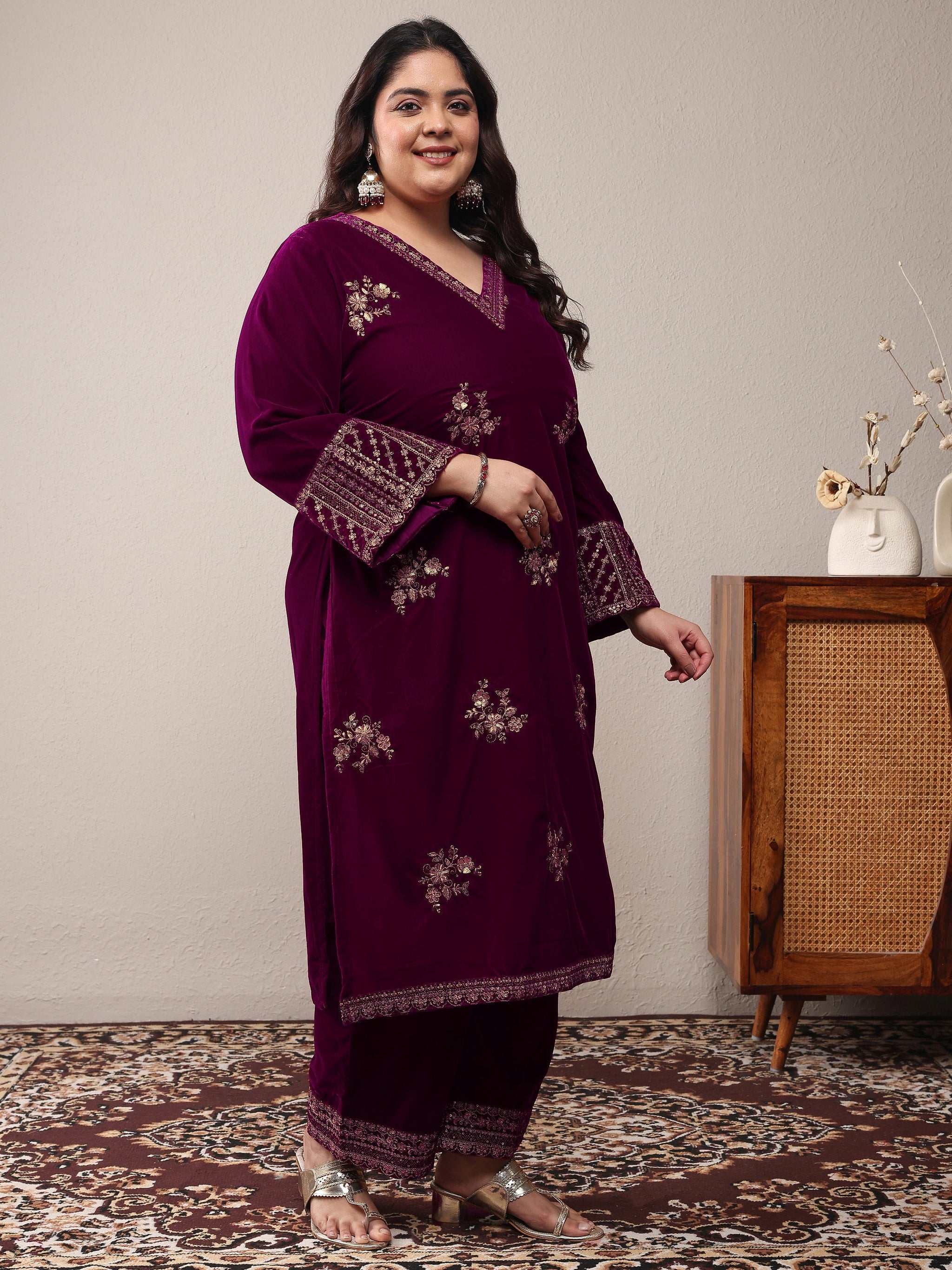 Plus Size Magenta Embroidered Velvet Straight Suit Set With Dupatta