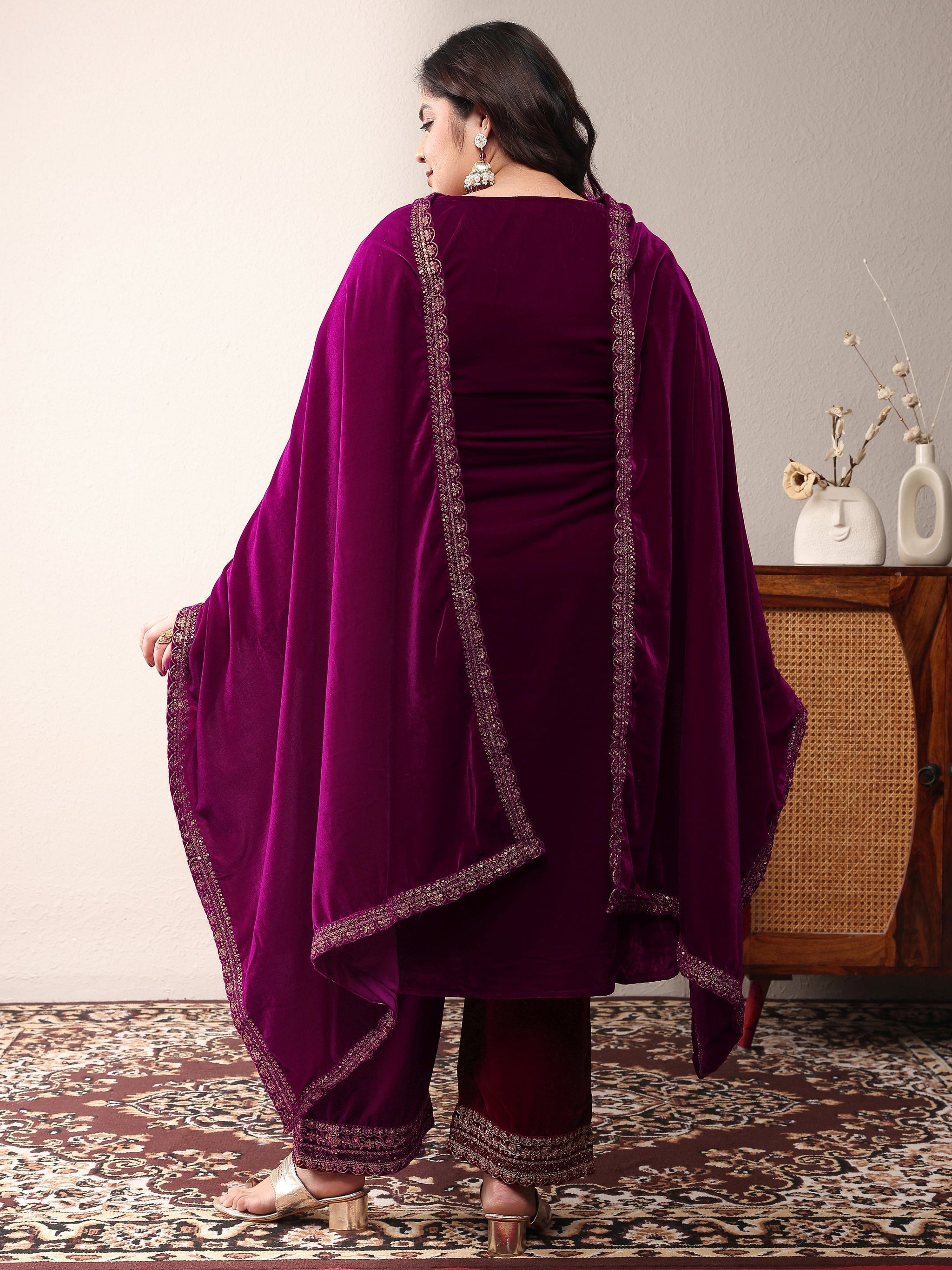 Plus Size Magenta Embroidered Velvet Straight Suit Set With Dupatta