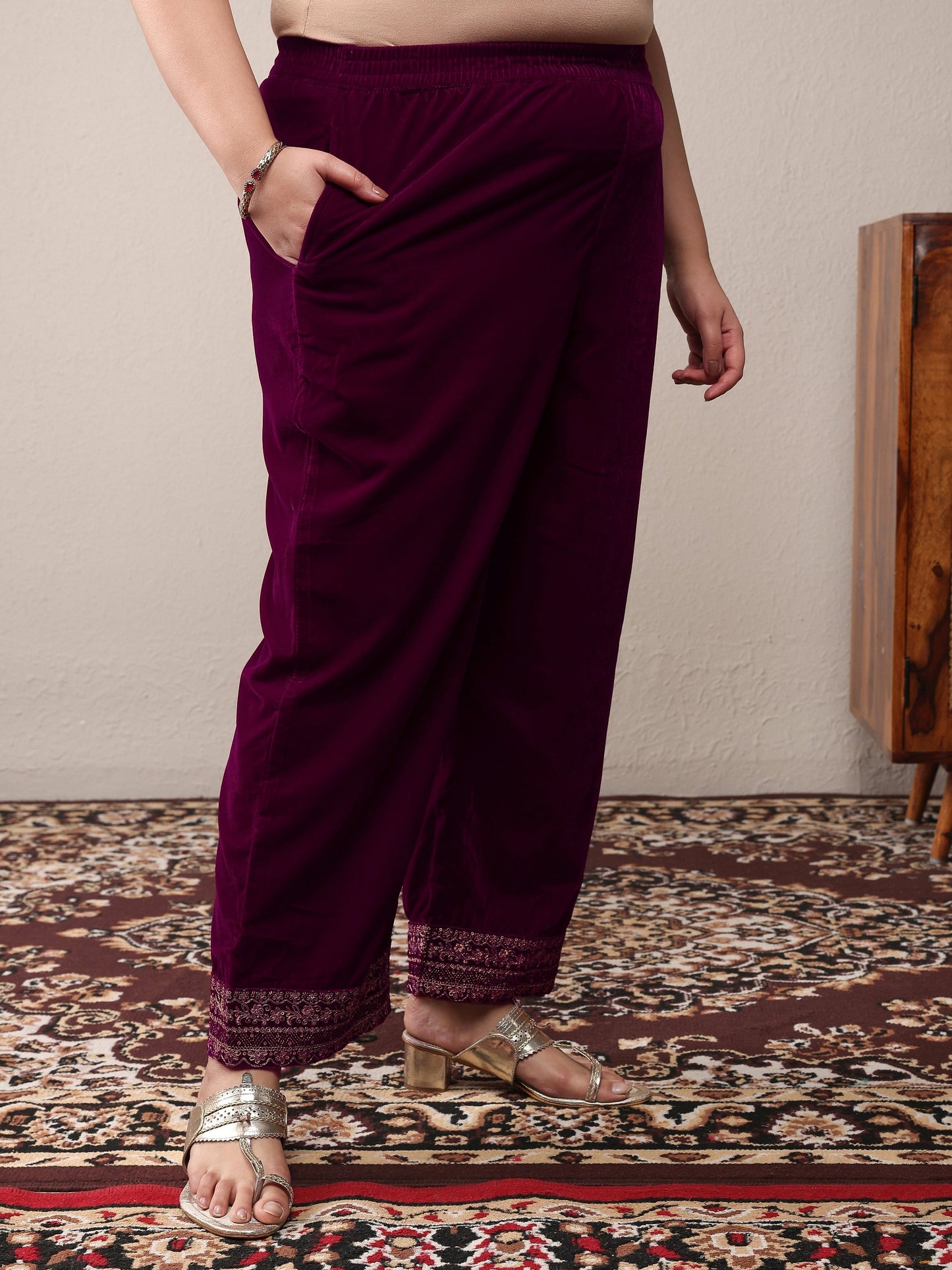 Plus Size Magenta Embroidered Velvet Straight Suit Set With Dupatta
