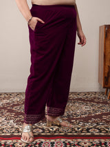 Plus Size Magenta Embroidered Velvet Straight Suit Set With Dupatta