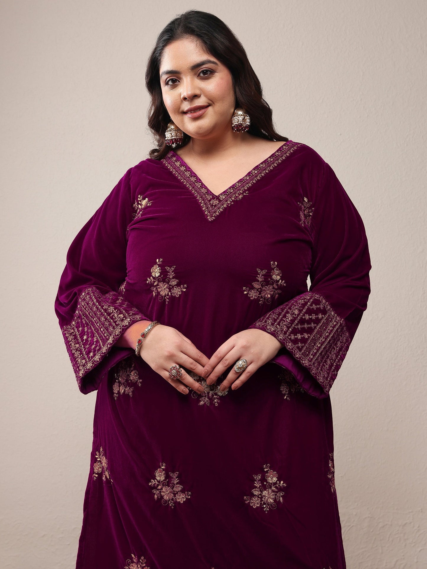 Plus Size Magenta Embroidered Velvet Straight Suit Set With Dupatta