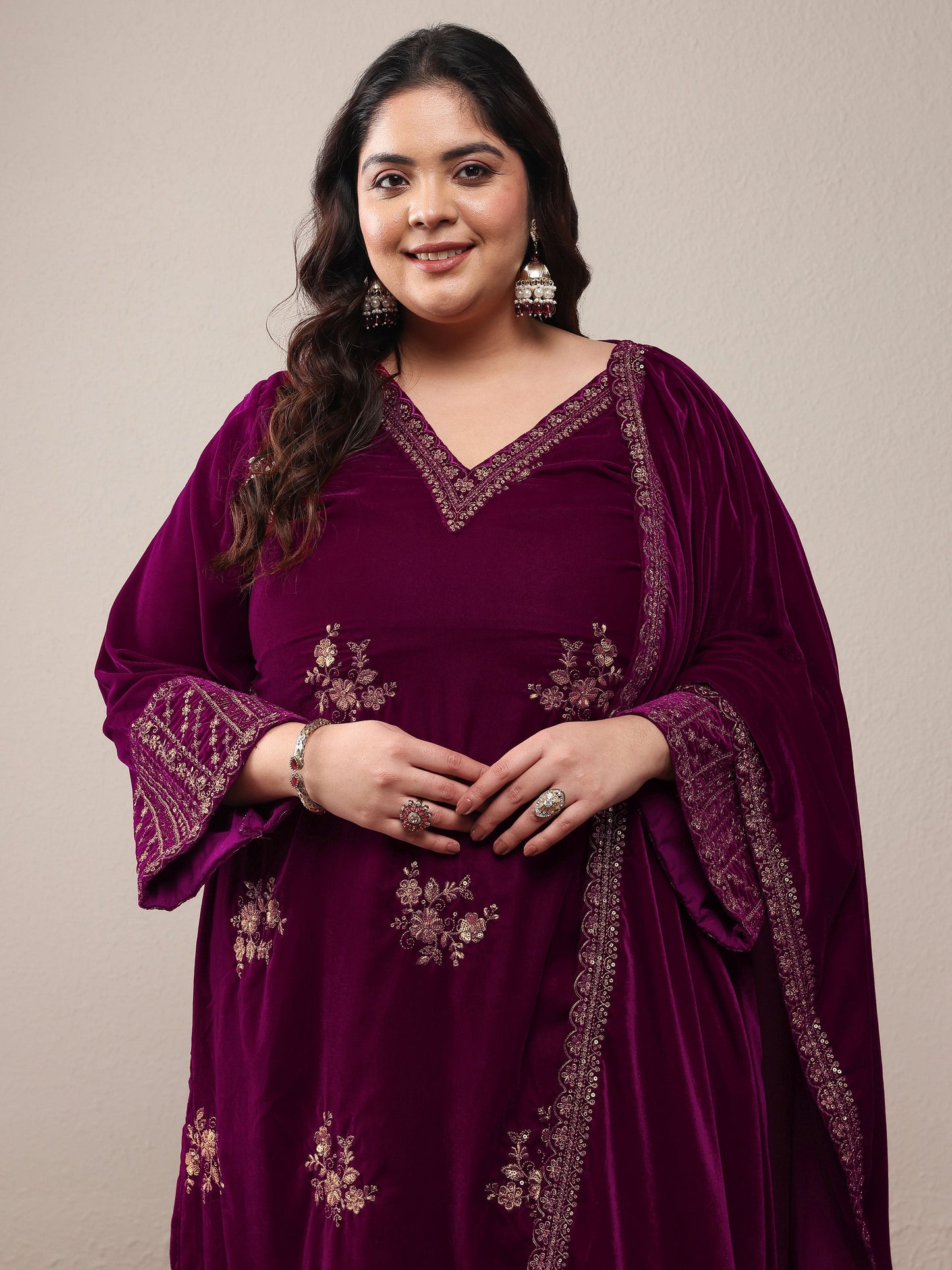 Plus Size Magenta Embroidered Velvet Straight Suit Set With Dupatta