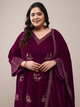 Plus Size Magenta Embroidered Velvet Straight Suit Set With Dupatta