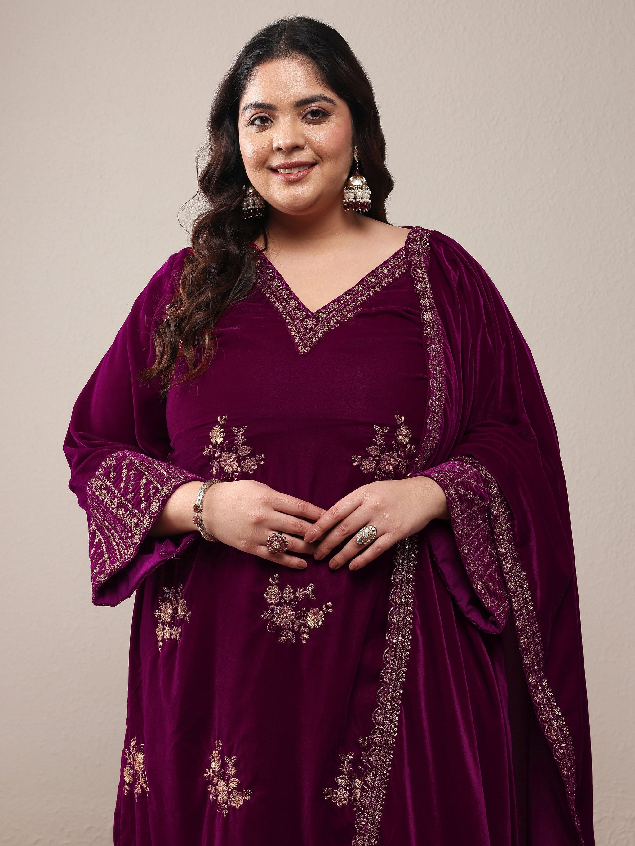 Plus Size Magenta Embroidered Velvet Straight Suit Set With Dupatta