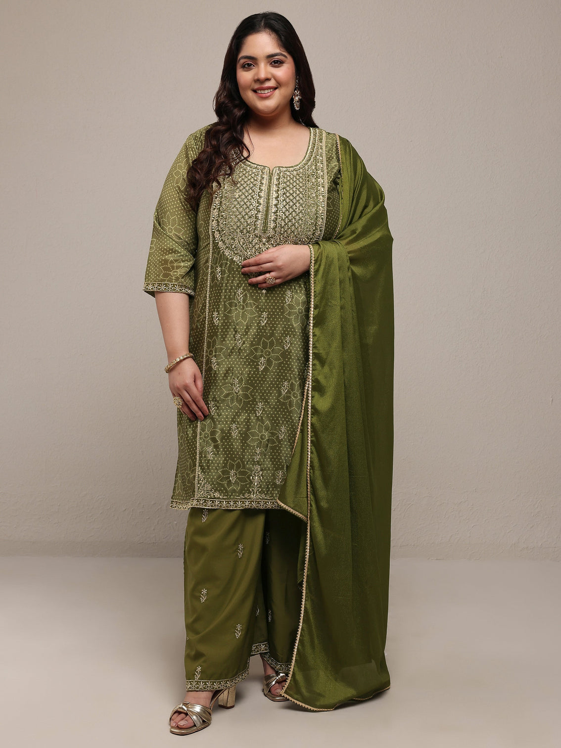 Plus Size Olive Bandhani Embroidered Silk Blend Straight Suit Set With Dupatta