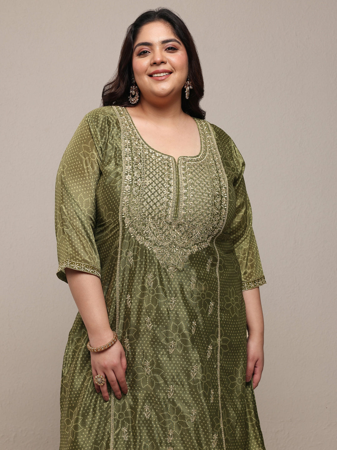 Plus Size Olive Bandhani Embroidered Silk Blend Straight Suit Set With Dupatta