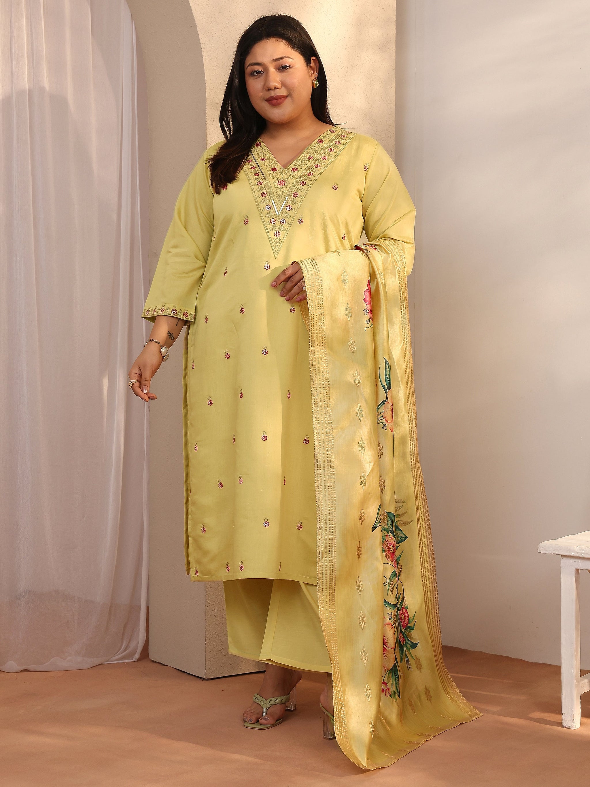 Plus Size Yellow Embroidered Silk blend Straight Suit Set With Dupatta