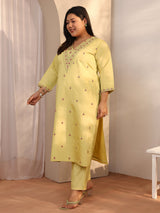 Plus Size Yellow Embroidered Silk blend Straight Suit Set With Dupatta