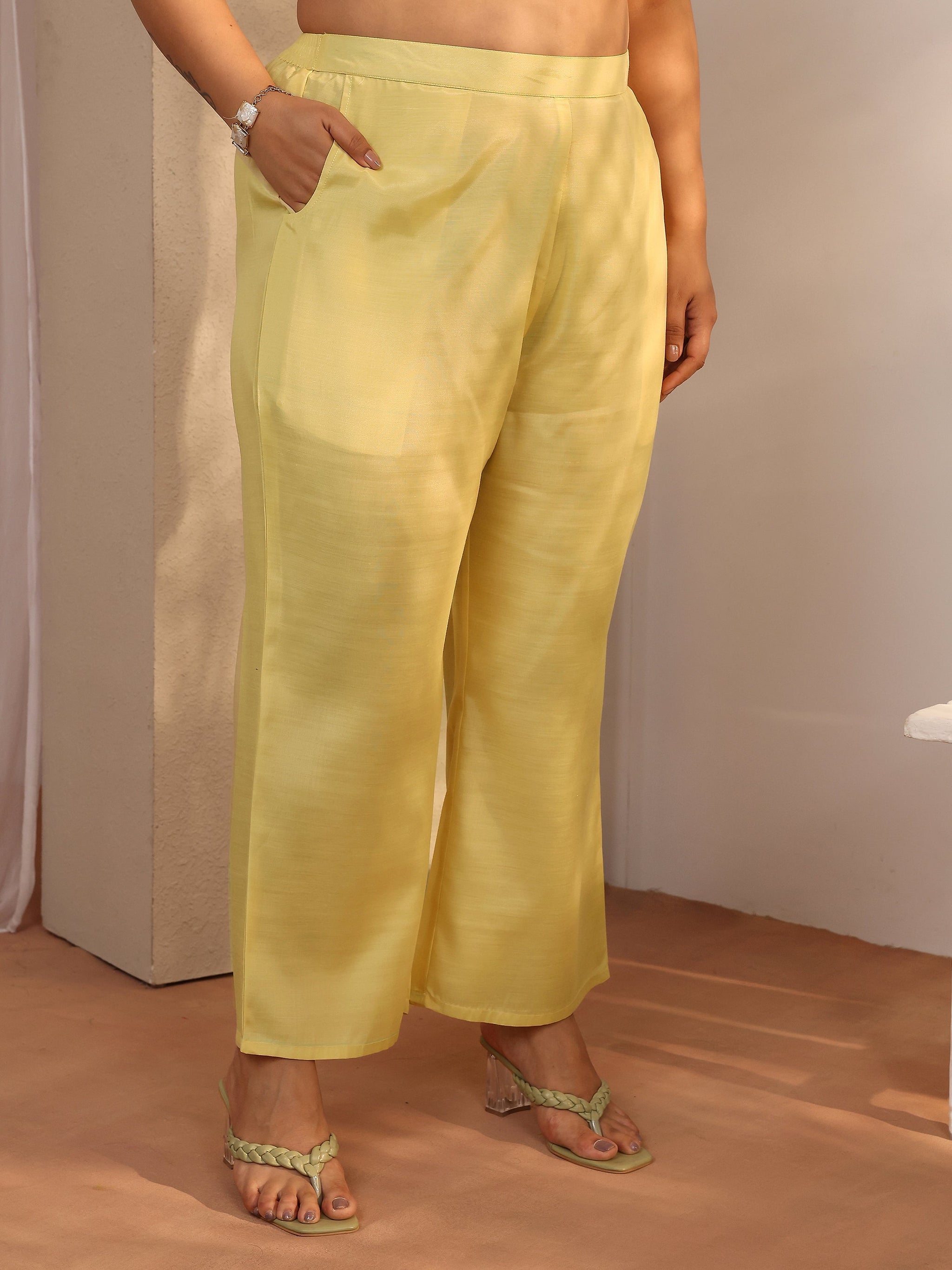 Plus Size Yellow Embroidered Silk blend Straight Suit Set With Dupatta