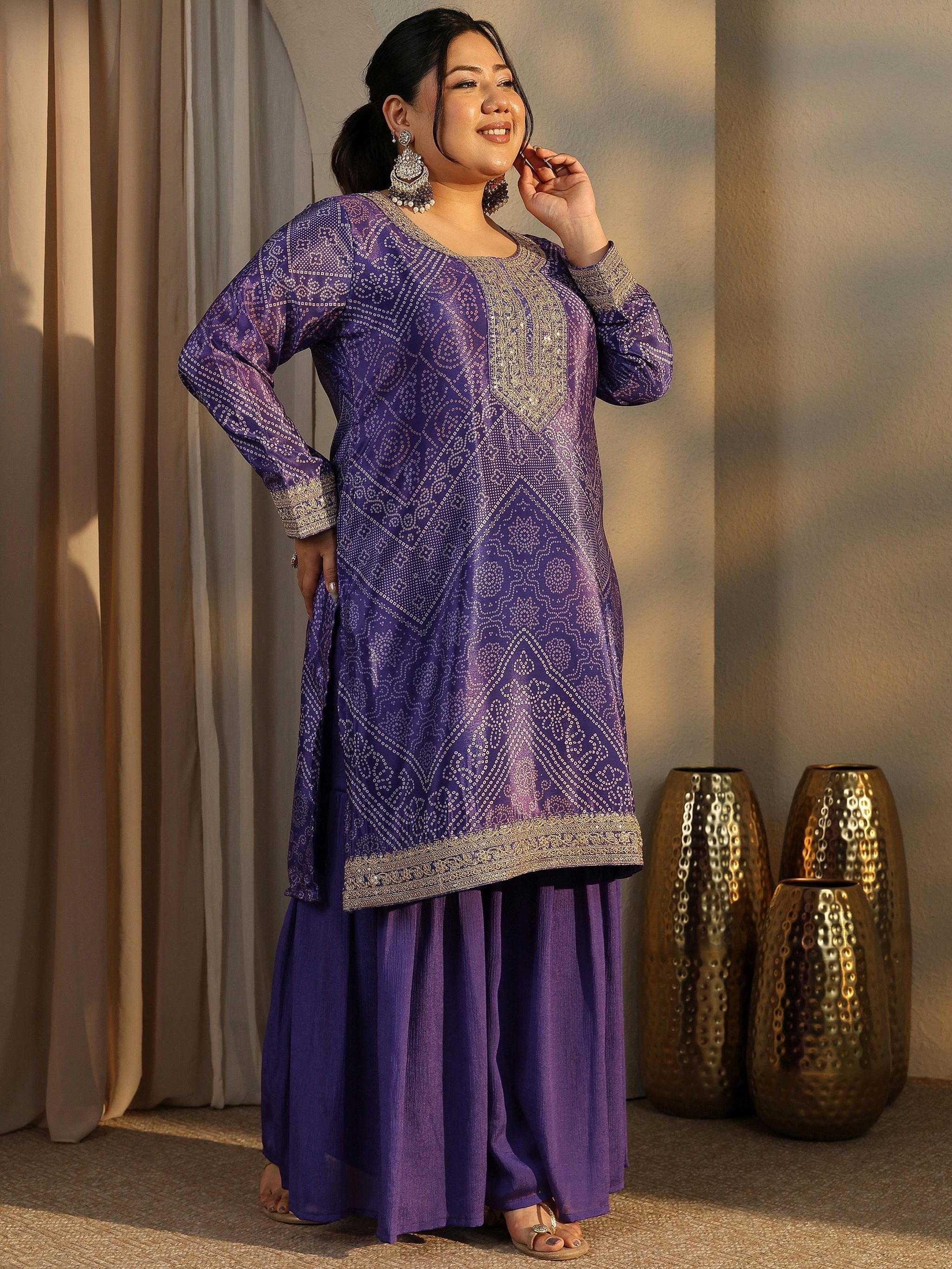 Plus Size Bandhani Printed Chinon Straight Suit Set With Dupatta