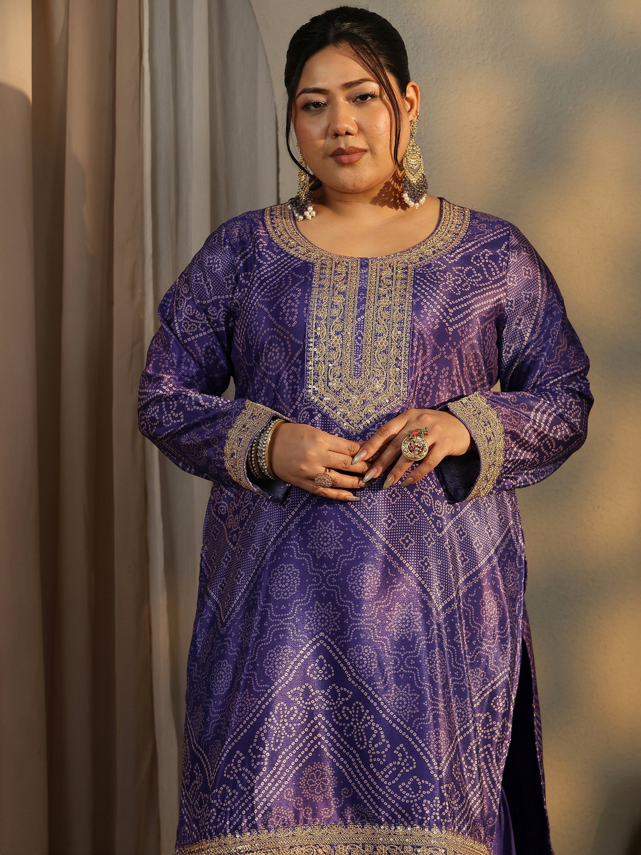 Plus Size Bandhani Printed Chinon Straight Suit Set With Dupatta